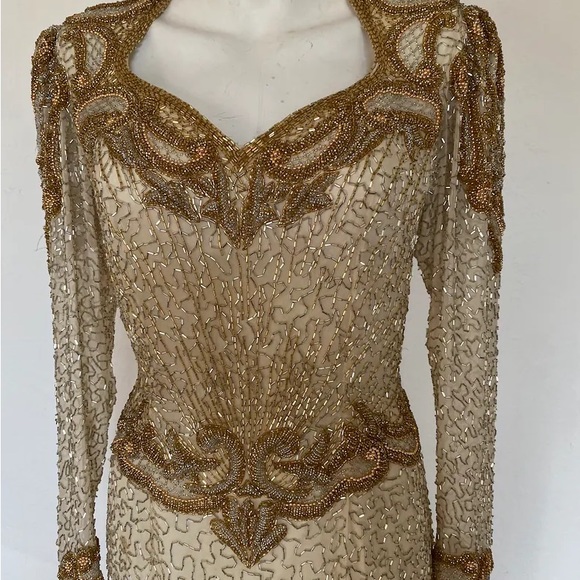 Vintage sequin dress, gold beaded dress OLEG CASSINI dress, white beaded dress - Picture 2 of 4